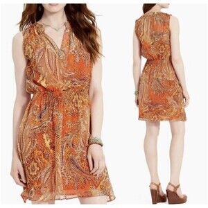 Lauren Ralph Lauren Orange Paisley Sleeveless Dress Smocked Waist Sheer Size 14